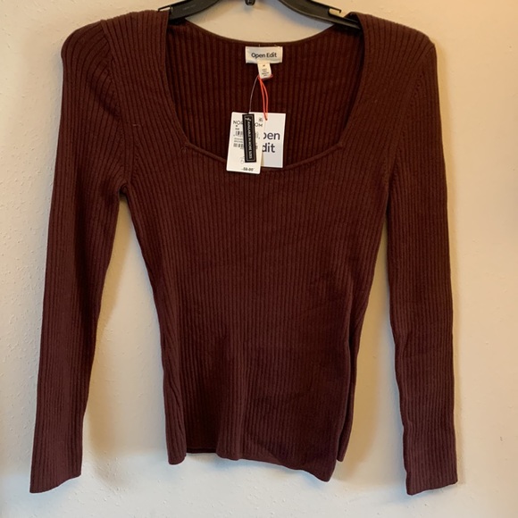 ❤️ Open Edit Rib Scoop Neck Sweater in Brown Chocolate Size Medium ❤️ F3 - Picture 3 of 5